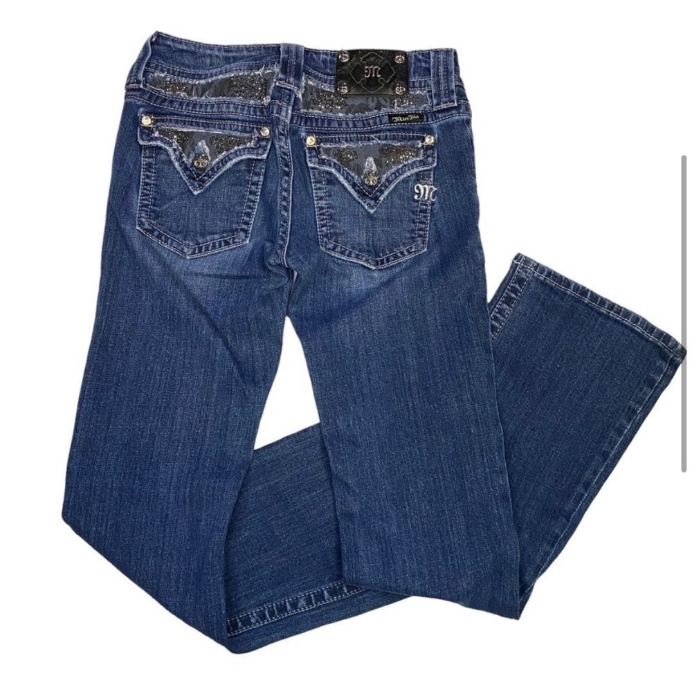 Miss Me Boot Cut Jeans Medium Wash Mid Rise Lace Sequin Jewel Women's Size 28